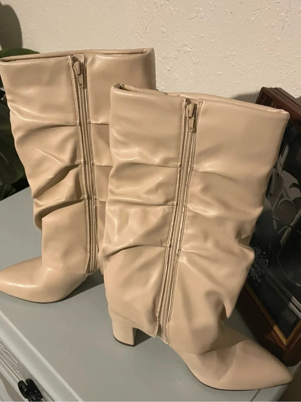 Unisa Beige Slouchy Knee-High Pointed Toe Boots